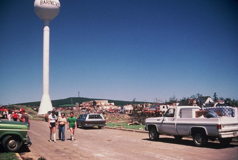 A photo of damage from the June 8, 1984 tornado in Barneveld, WI.