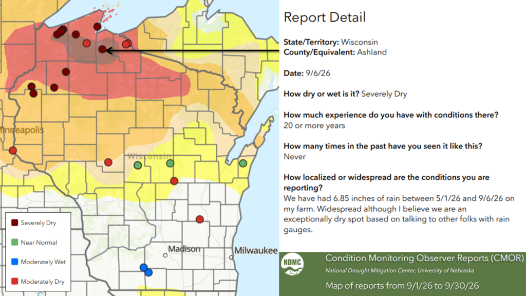 Map and report detail of Condition Monitoring Observer Reports for Wisconsin from September 1 to September 30, 2026.