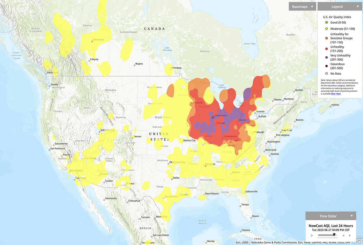 This air quality map from June 27, 2023, shows parts of Wisconsin were in the "very unhealthy" category and had the worst air quality in the country.