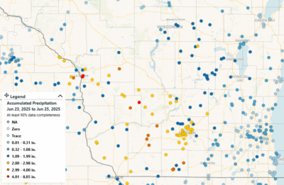 A map of rainfall totals from June 22-24, 2025