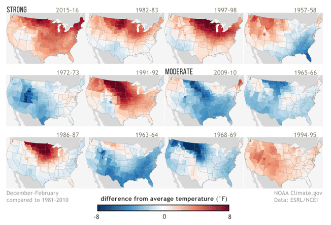 Maps showing comparisons of winter temperature anomalies