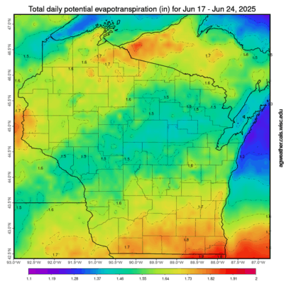 A map of estimated total potential evapotranspiration from June 17-24, 2025.