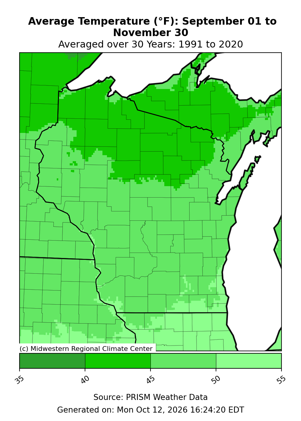 Map of Wisconsin showing an average fall temperature range of 40 to 55 degrees.