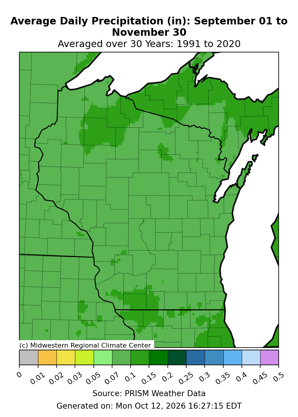 Map of Wisconsin showing a fall daily average precipitation range of 0.07 to 0.15 inches.