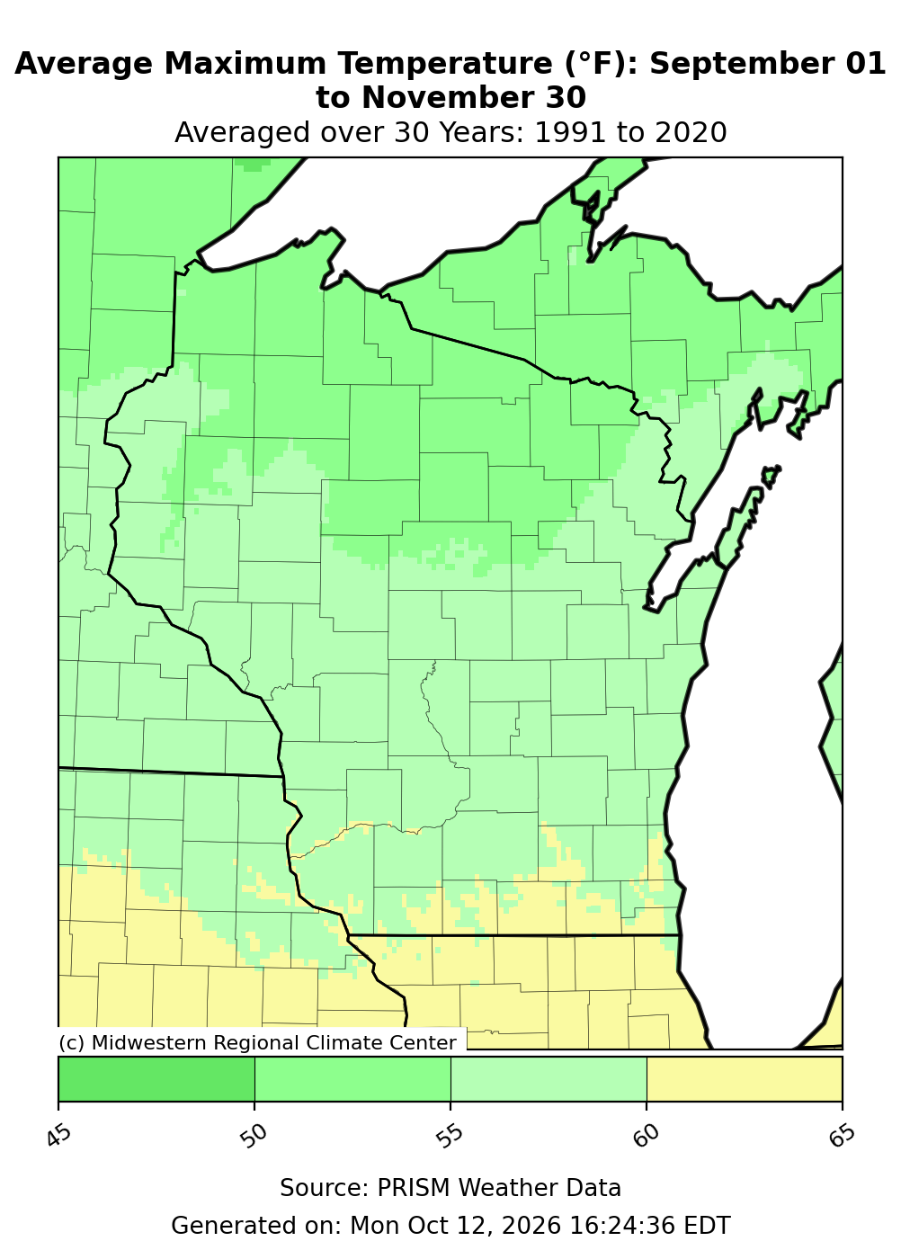 Map of Wisconsin showing an average fall high temperature range of 45 to 65 degrees.