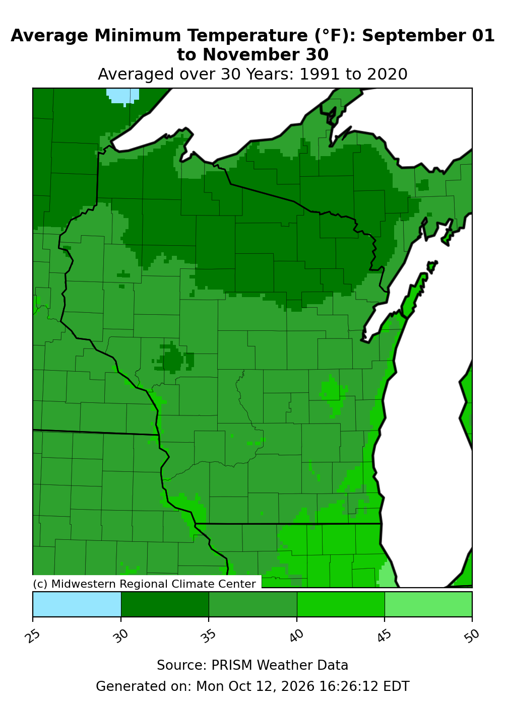 Map of Wisconsin showing a fall average low temperature range of 30 to 45 degrees.