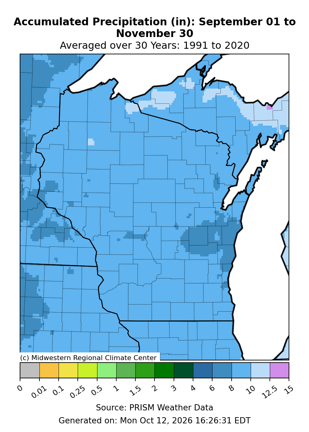 Map of Wisconsin showing a fall total precipitation range of 6 to 12.5 inches.
