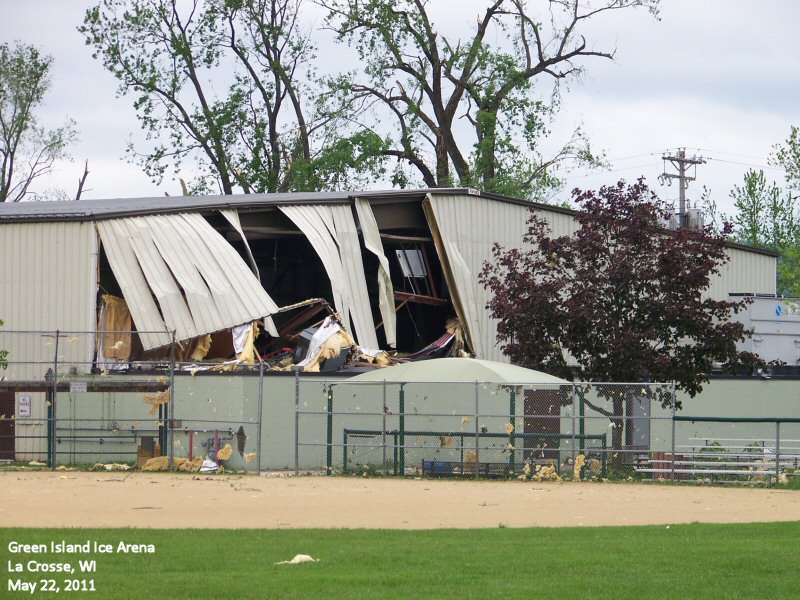 A photo of damage to the Green Island Ice Arena in La Crosse from the May 22, 2011 tornado