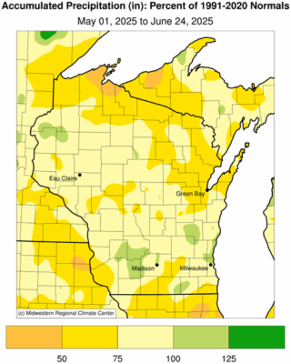 A map of precipitation percent of normal for May 1 through June 24, 2025.