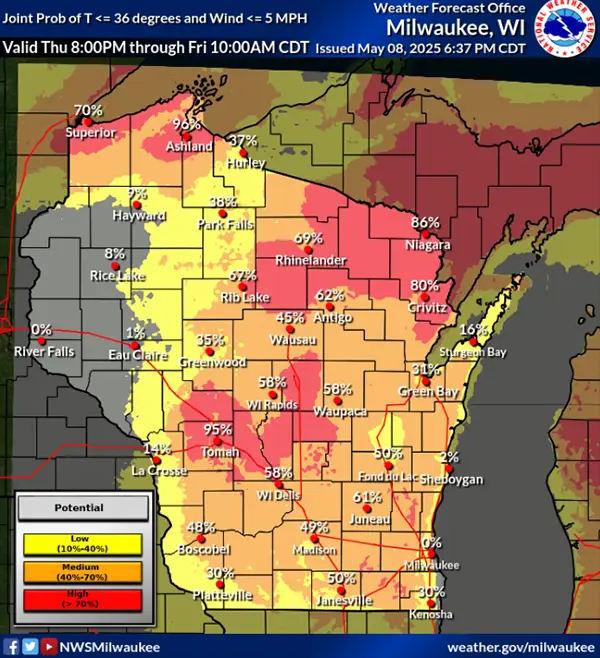 Color-coded map of Wisconsin showing frost potential from May 8–9, 2025, with highest risk (70%–95%) in north and central regions.