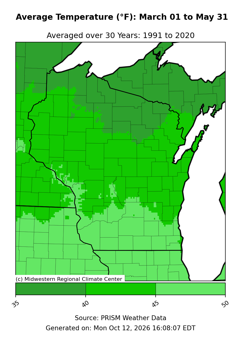 Map of Wisconsin showing a spring average temperature range of 35 to 50 degrees.