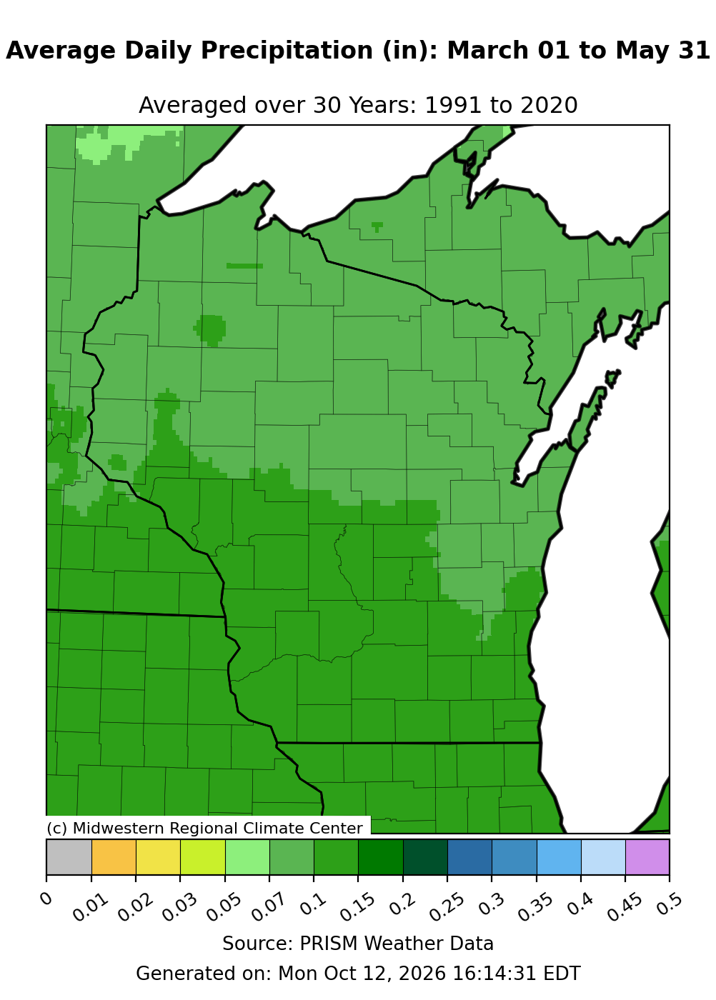 Map of Wisconsin showing a spring average daily precipitation range of 0.1 to 0.2 inches.