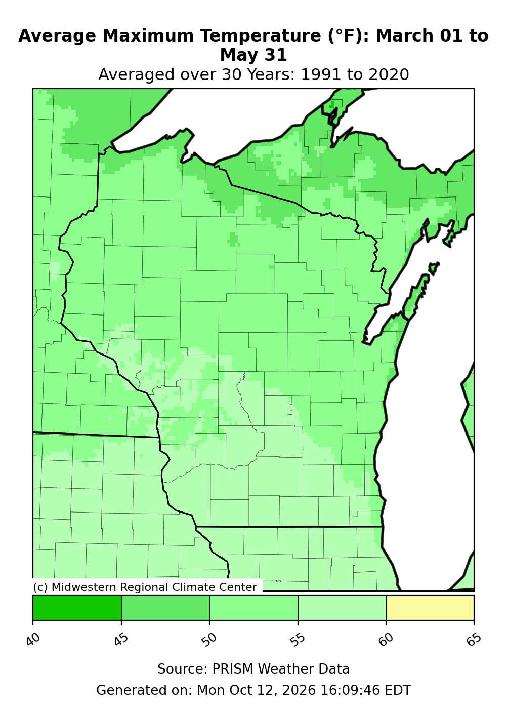 Map of Wisconsin showing a spring average high temperature range of 45 to 60 degrees.