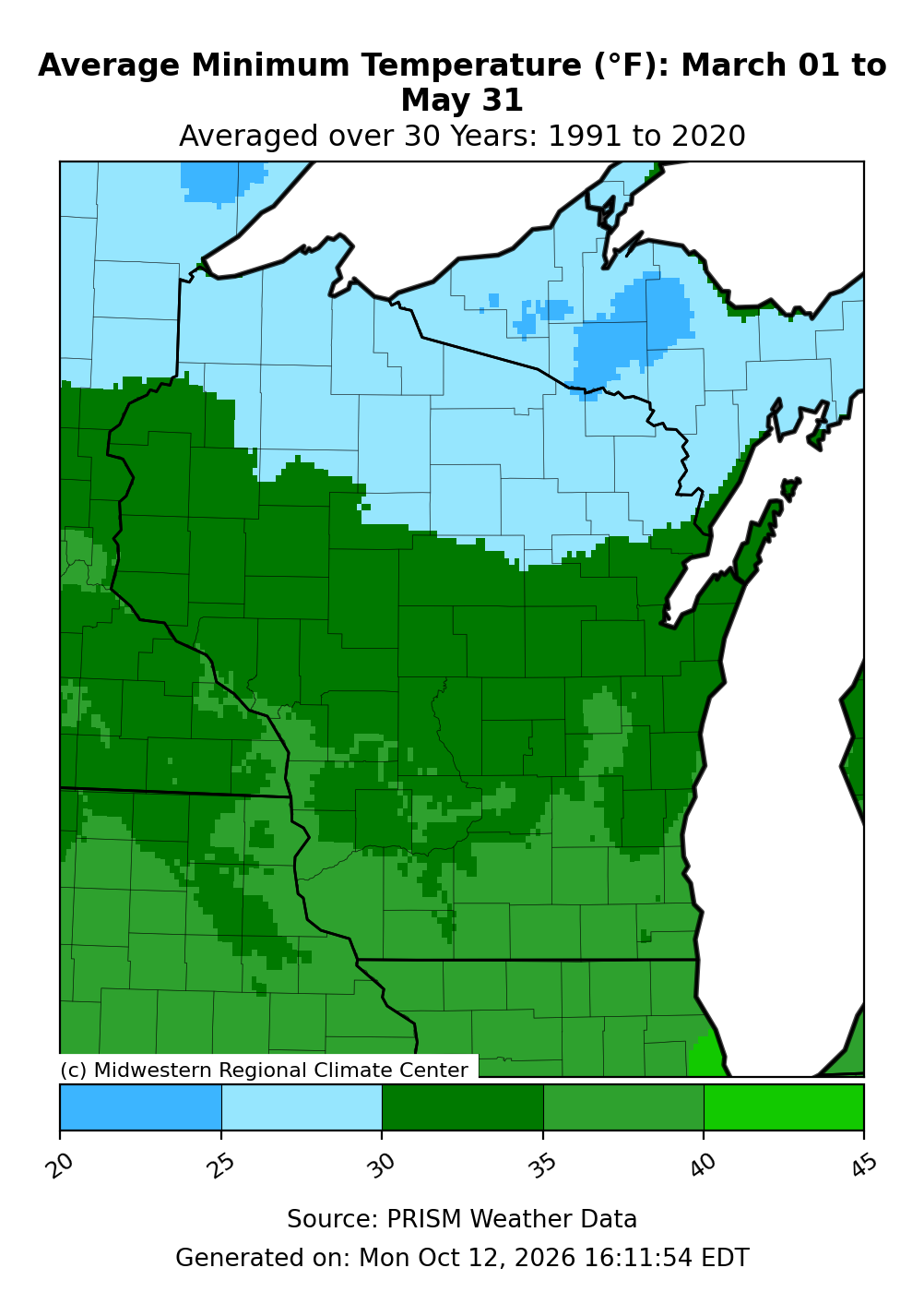 Map of Wisconsin showing a spring average low temperature range of 20 to 40 degrees.
