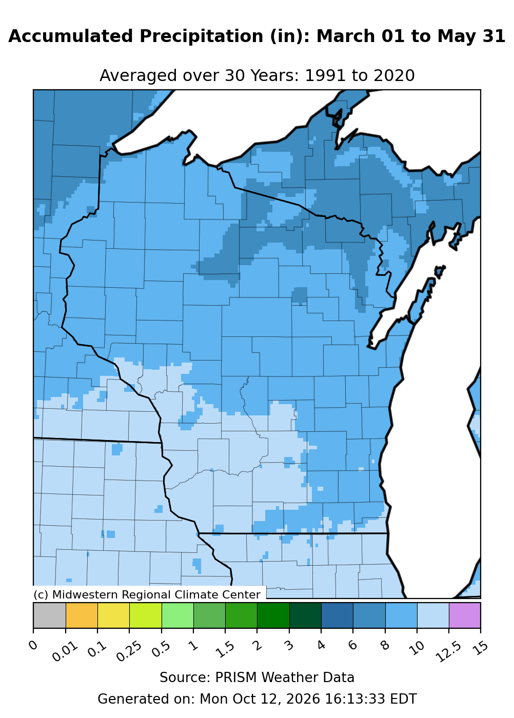 Map of Wisconsin showing a spring total precipitation range of 8 to 11 inches.