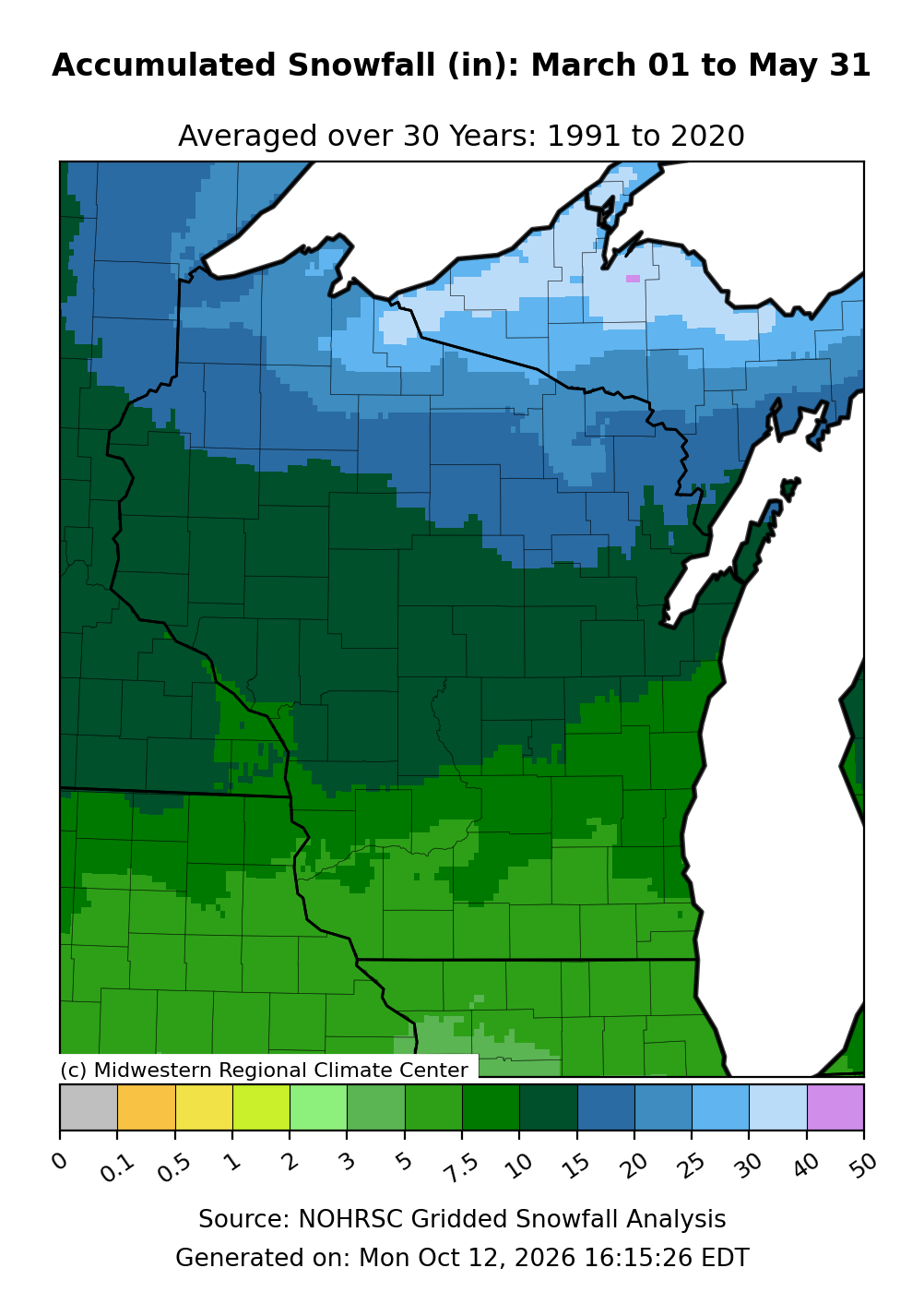Map of Wisconsin showing a spring average total snowfall range of 7.5 to 30 inches.