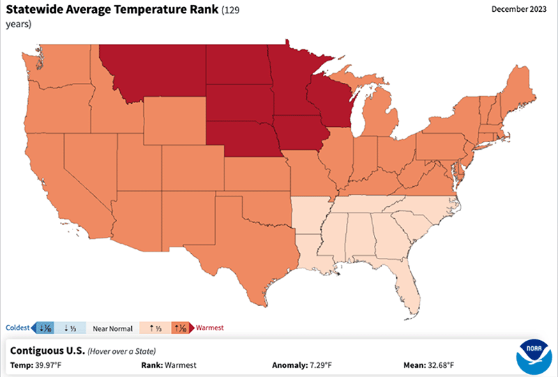 Map of United States showing Wisconsin, Minnesota, Iowa, the Dakotas, Nebraska, and Montana had the warmest Decembers on record.