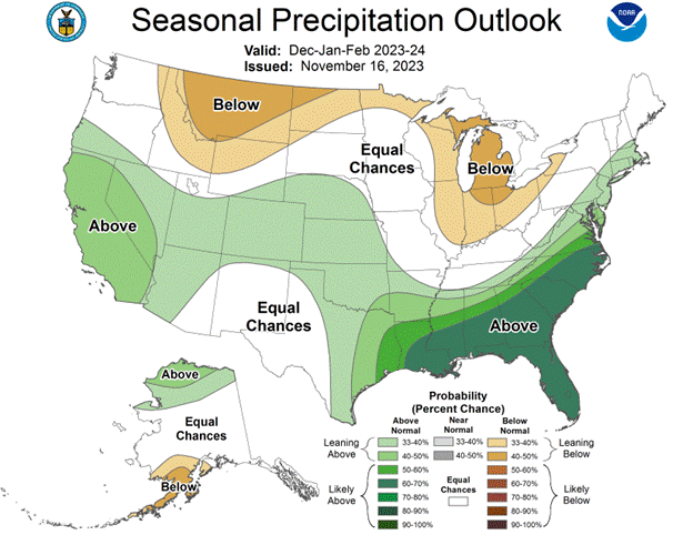 Map showing U.S. precipitation predictions for winter 2023-2024