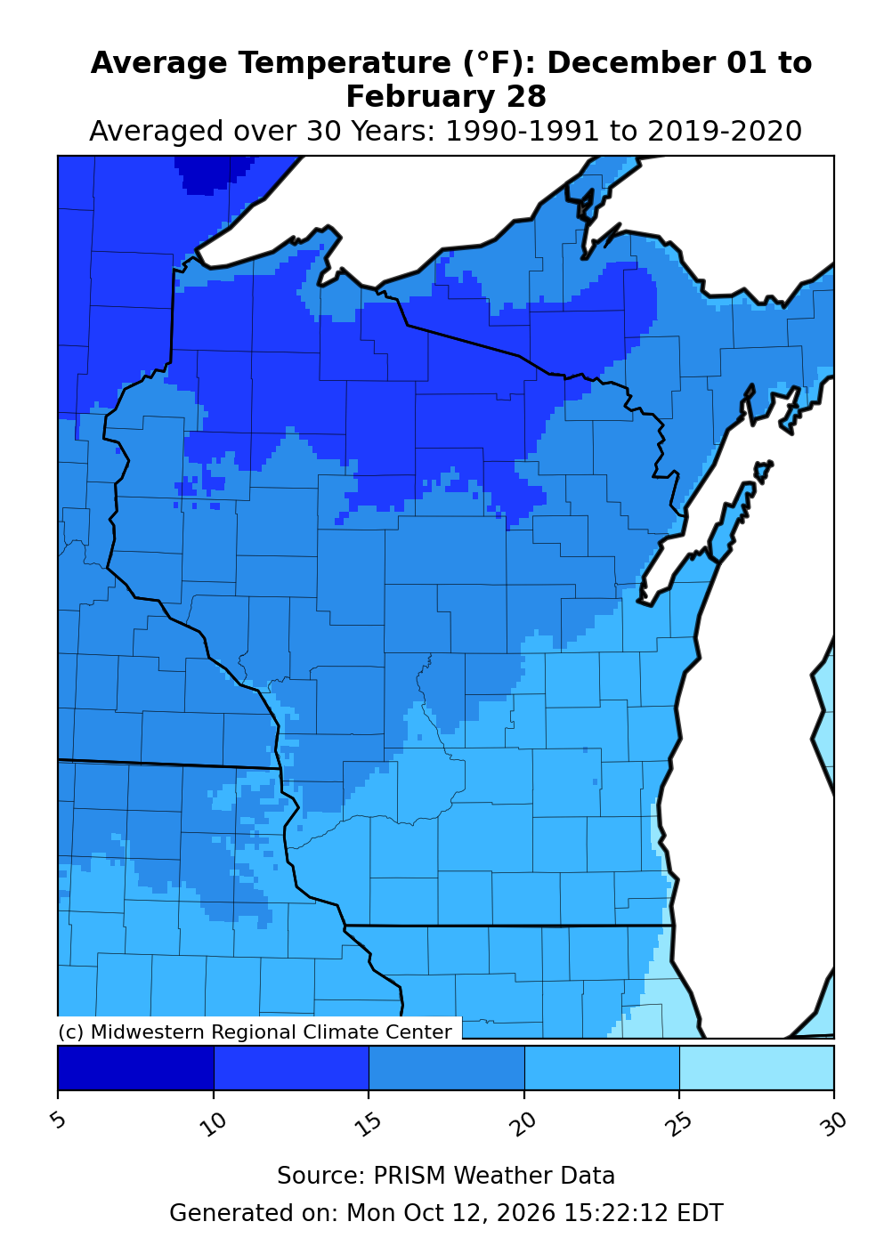 Map showing an average winter temperature range of about 15 to 25 degrees, with an area in the north-central part of the state at about 10 degrees