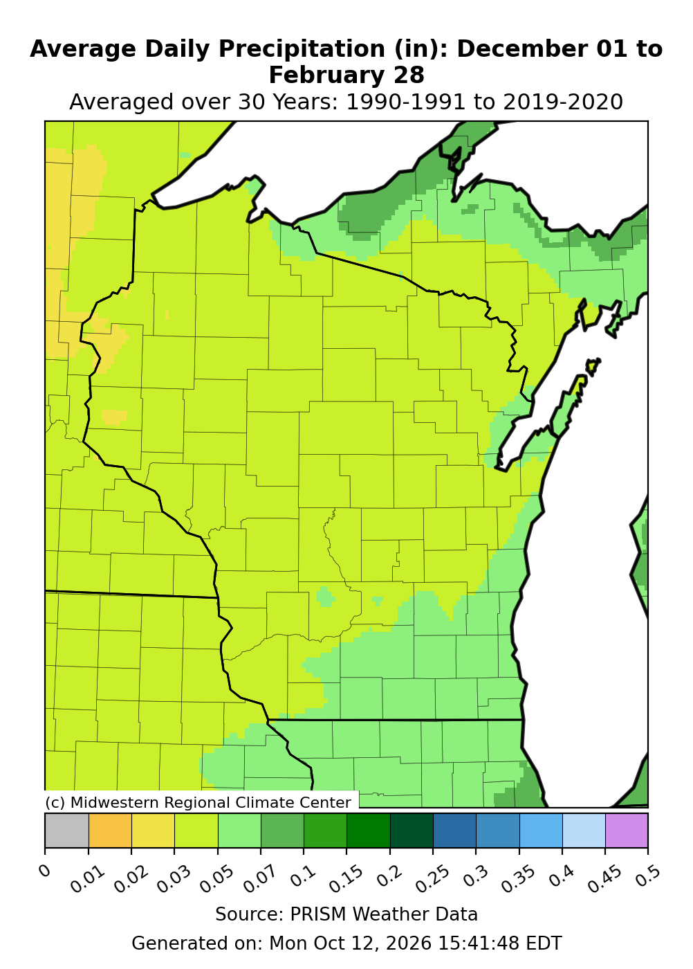 Map showing a daily average winter precipitation of about 0.02 inches to 0.07 inches.