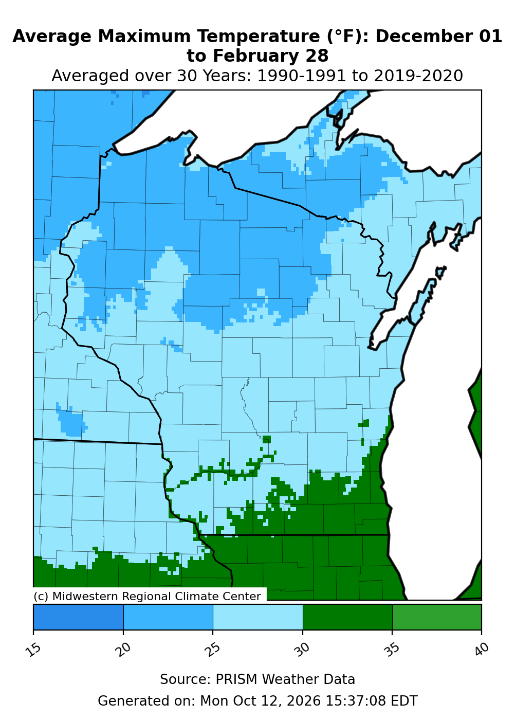 Map showing an average winter high temperature range of about 20 to 35 degrees.