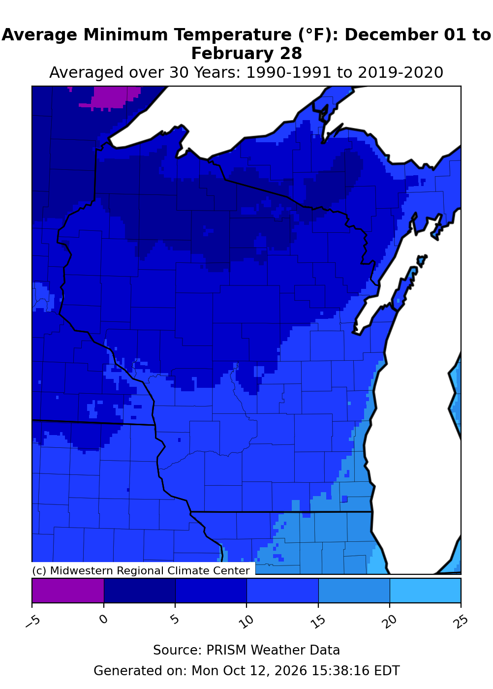 Map showing an average winter low temperature range of about 0 to 20 degrees