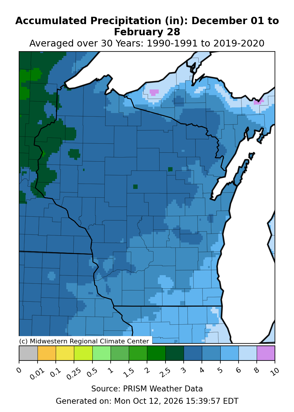 Map showing a winter precipitation range of about 2.5 to 6 inches
