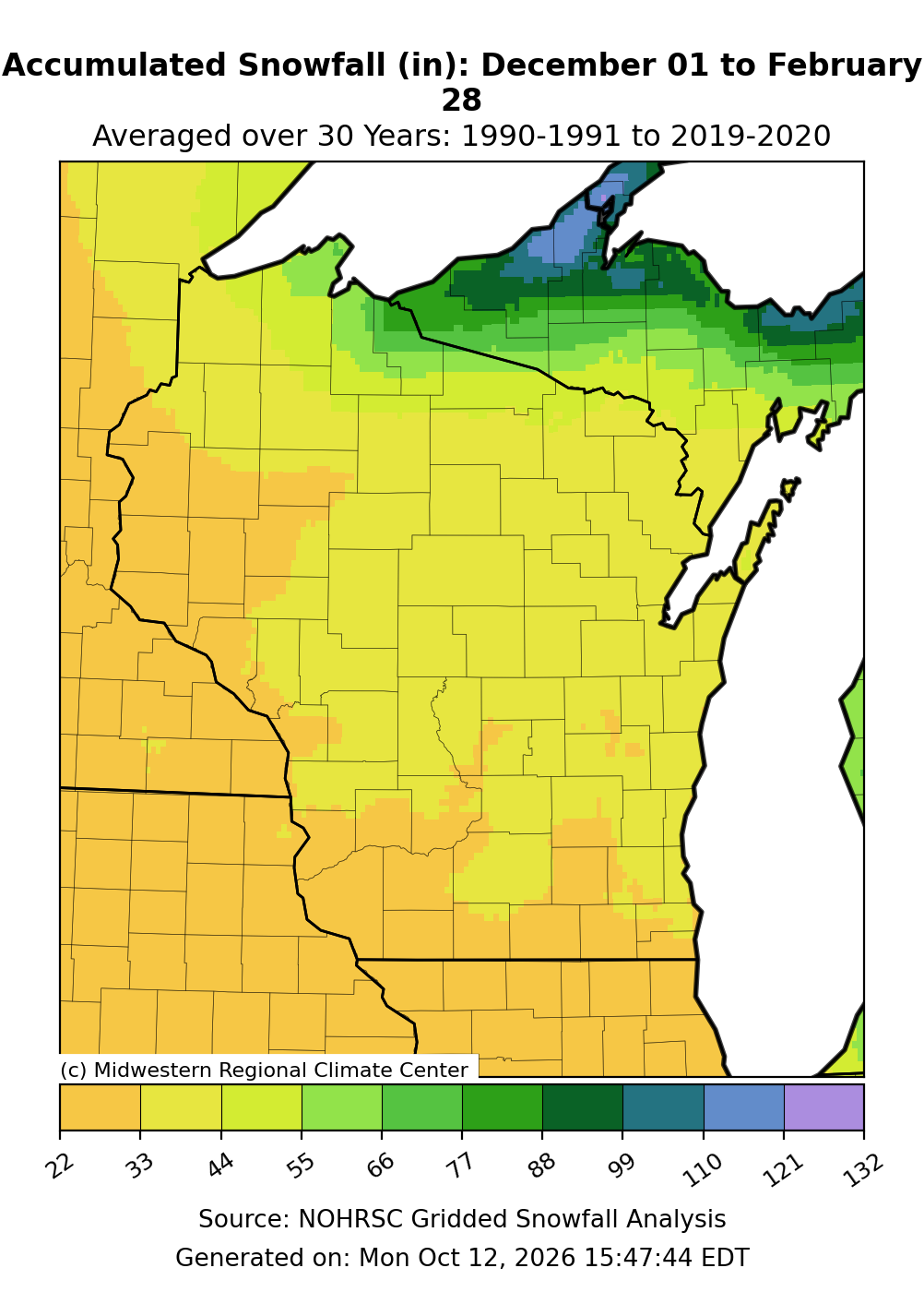 Map showing an average winter snowfall of about 22 to 88 inches