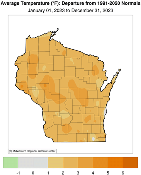 Map of Wisconsin showing average temperature departures from normal in 2023; temperatures were above normal throughout the state.