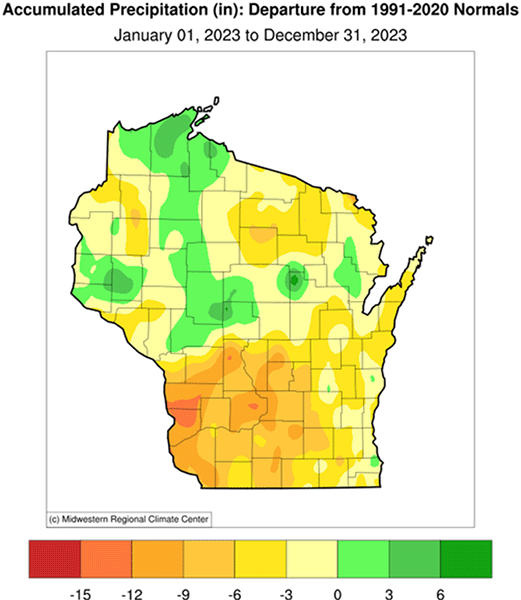 Map of Wisconsin showing 2023 precipitation departure from normal; southern and southwest had the worst drought conditions.