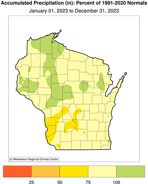 Map of Wisconsin showing 2023 precipitation departure from normal; most of the state received less than 100 percent of the normal amount.
