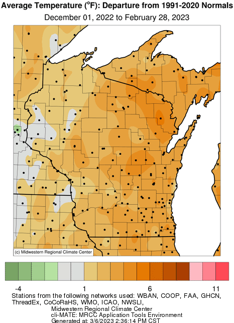 This map shows nearly all of Wisconsin was warmer than normal in winter 2022-2023.