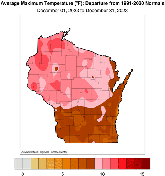 Map showing average high temperatures in Wisconsin were well above normal in December 2023, particularly in the northern half of the state.