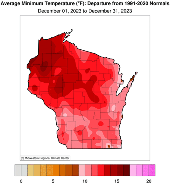 Map showing average low temperatures in Wisconsin were well above normal in December 2023, especially in the northwest part of the state.