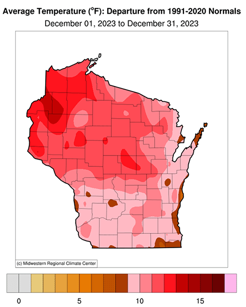 Map showing average temperatures in Wisconsin were well above normal in December 2023.