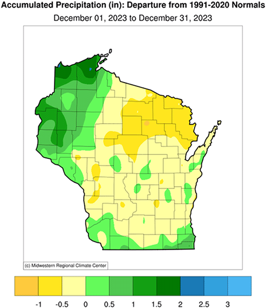 Map of Wisconsin showing precipitation departure from normal in December 2023; much of the state was at or below normal, except for the northwest.