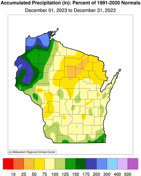 Map of Wisconsin showing precipitation percentage of normal in December 2023; much of the state was at or below normal, except for the northwest.