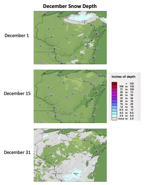 Three maps showing snow depth in Wisconsin in December 2023; there was virtually no snow cover until the end of the year.