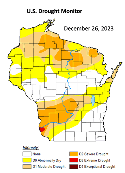 Map of Wisconsin showing drought conditions were pervasive across much of Wisconsin in December 2023.