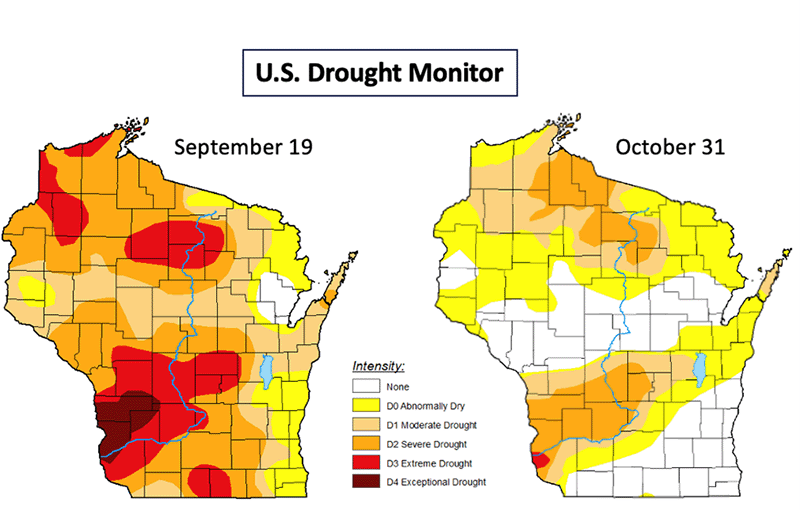 Comparison of drought conditions in Wisconsin showing the areas of exceptional drought on September 19 have abated by October 31
