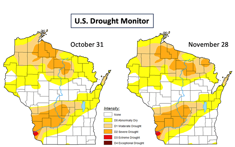 Map illustrating that drought conditions in Wisconsin on October 31 and November 28, 2023, were identical