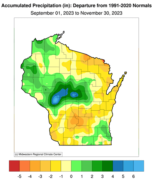 Map showing precipitation in fall 2023 was close to normal across most of Wisconsin