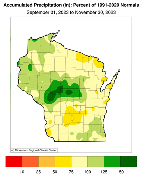 Map showing precipitation in fall 2023 as a percentage of normal was about average across much of Wisconsin