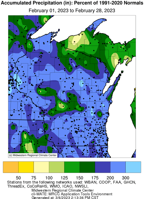 This map of precipitation in Wisconsin for February 2023 shows nearly all parts of the state received more than 200 percent of the normal total.