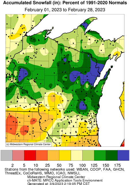 This map of snowfall in Wisconsin for February 2023 shows the northeast part of the state was 175 percent above the normal total.