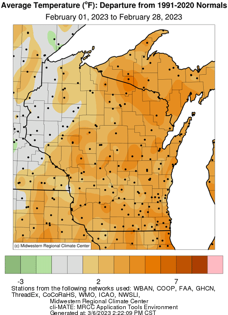 This map shows nearly all of Wisconsin was warmer than normal in February 2023.