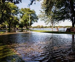 Flooded streets in a neighborhood near Monona Bay in Madison, Wisconsin
