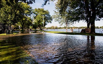 Flooded streets in a neighborhood near Monona Bay in Madison, Wisconsin