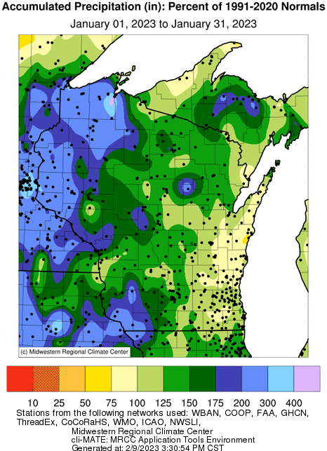 This map of accumulated precipitation in Wisconsin for January 2023 shows the northwest part of the state was at least 175 percent above normal.