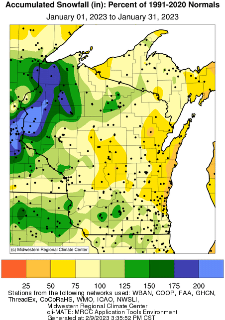 This map shows snowfall in Wisconsin for January 2023 was mostly normal or just below normal, with the exception of the far northwest part of the state, which was 175 percent or more above normal.